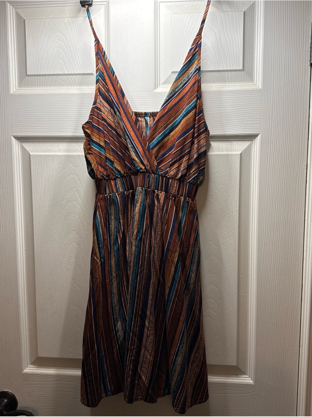 Striped V-Neck Summer Dress in Brown and Teal